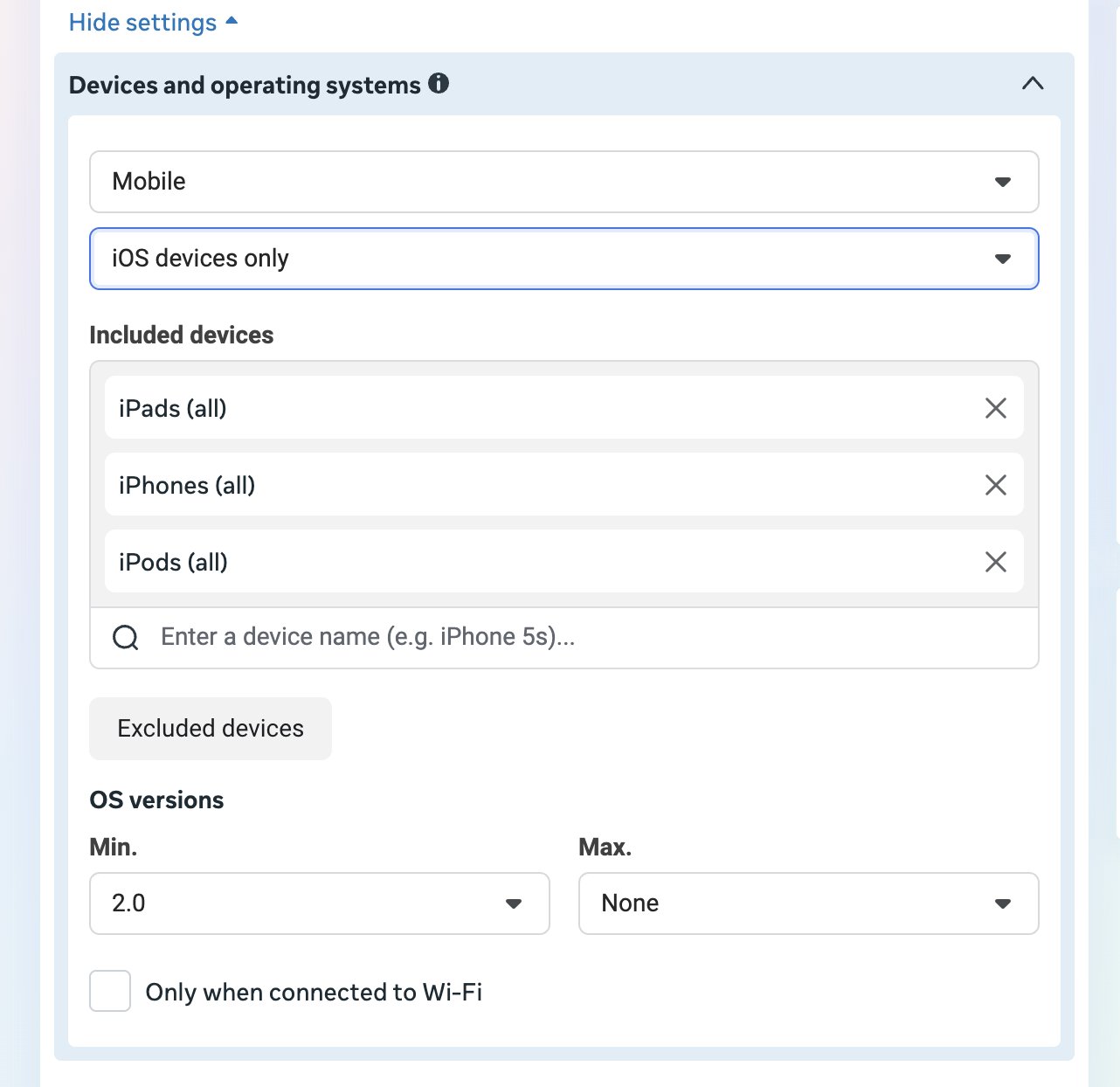 Meta device settings with iOS devices only selected, included devices, and minimum OS version controls