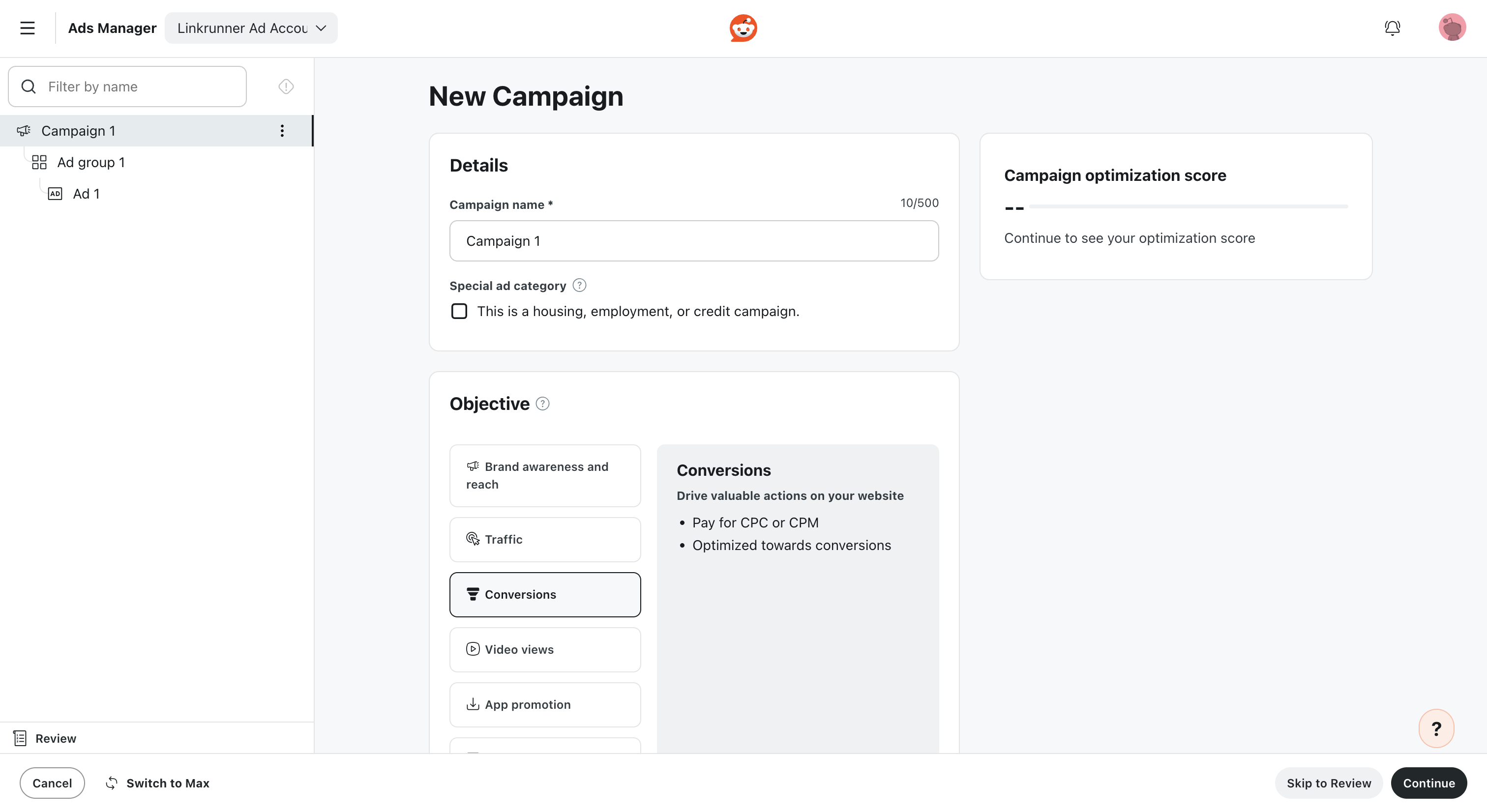 Create a Reddit Conversions campaign