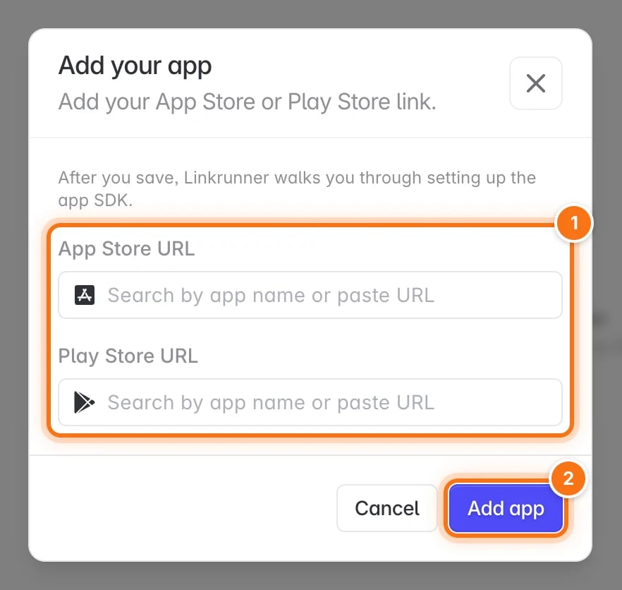 Add your app dialog with the App Store and Play Store search