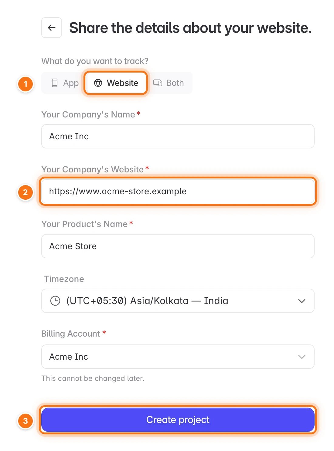 Project creation form with Website selected