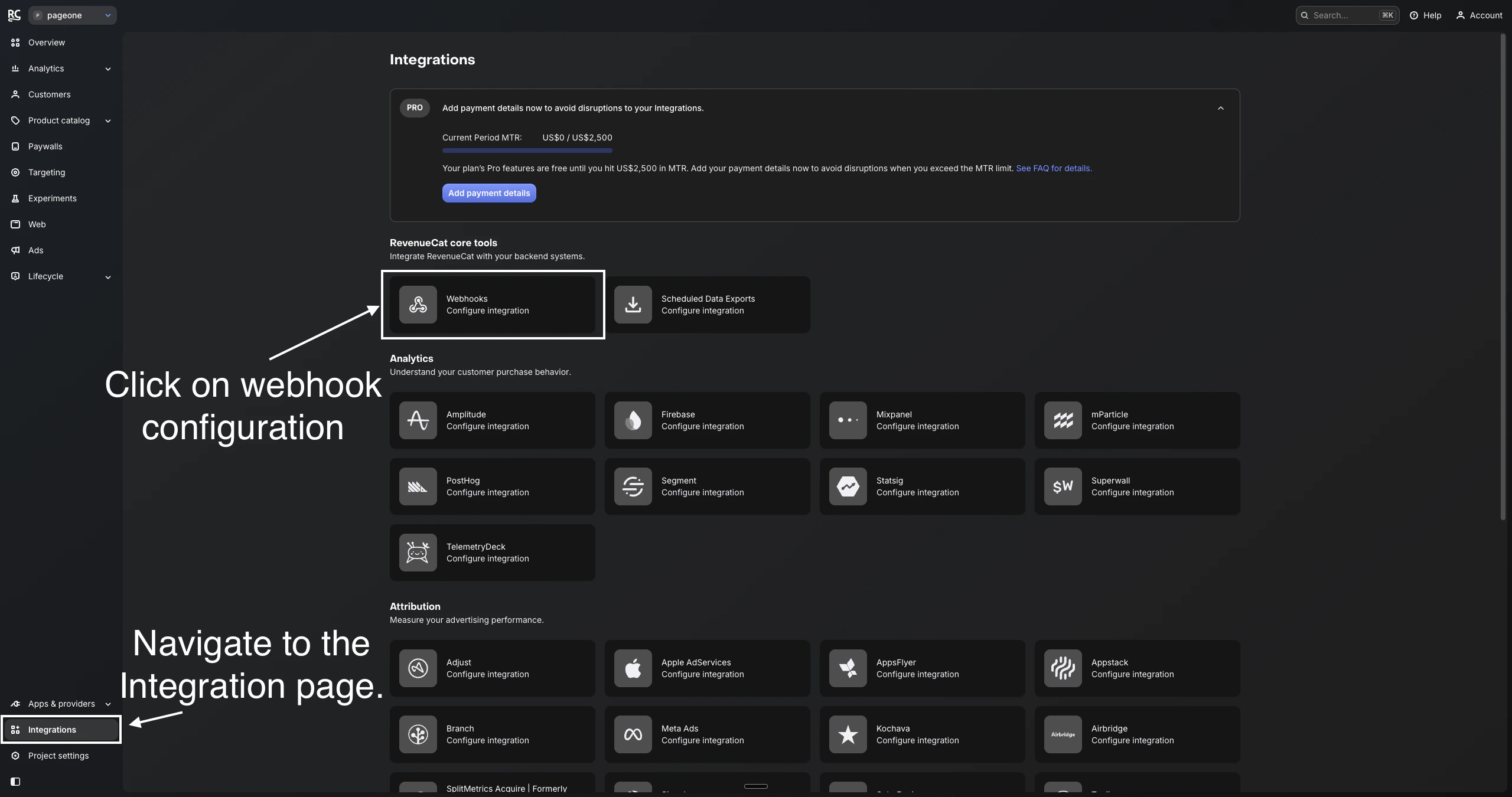 RevenueCat Integrations page - click on Webhooks