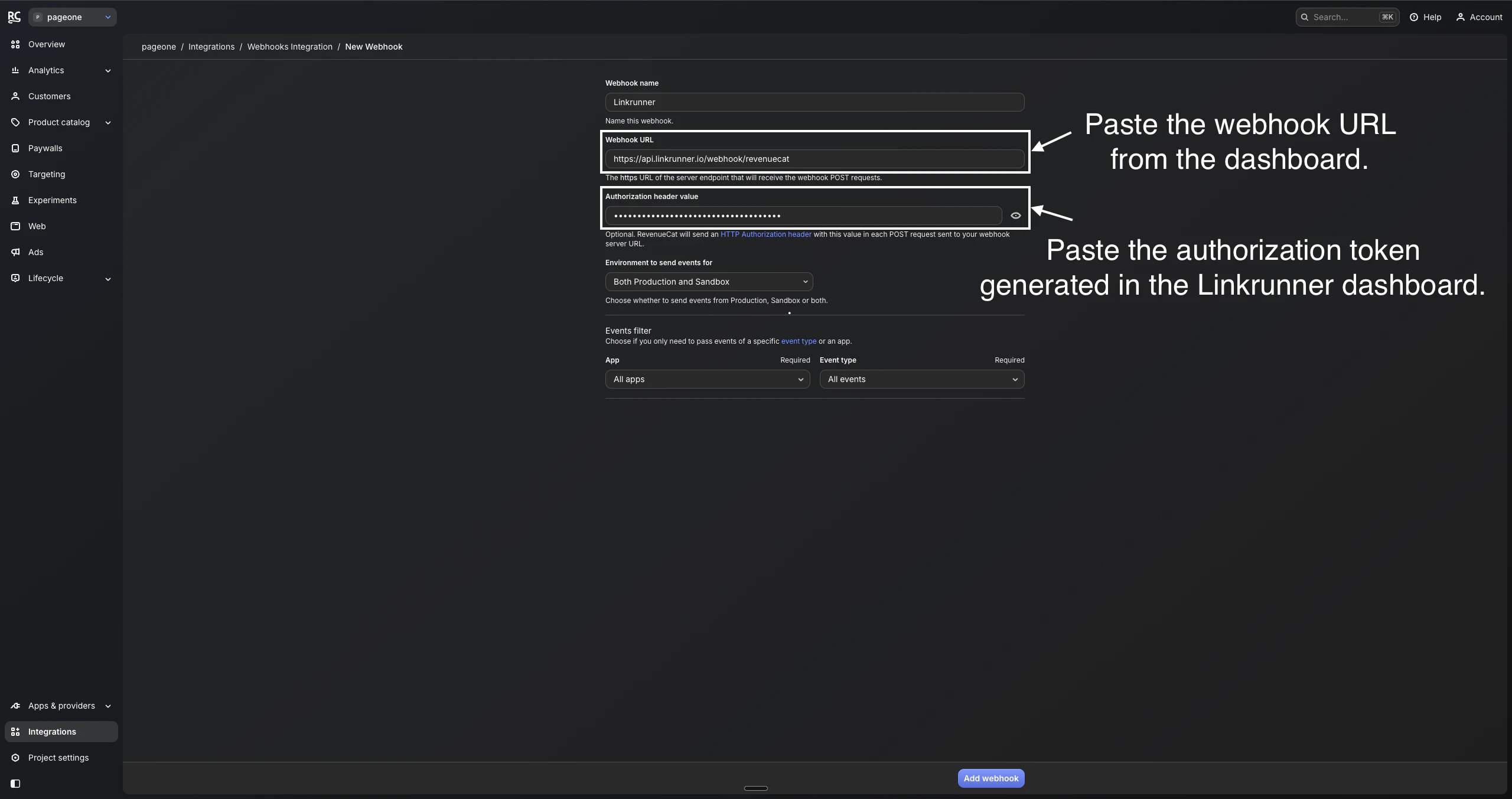 RevenueCat New Webhook configuration