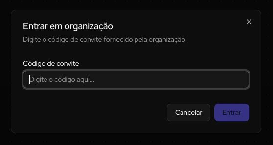 Janela para colar o código de convite e confirmar a entrada na organização