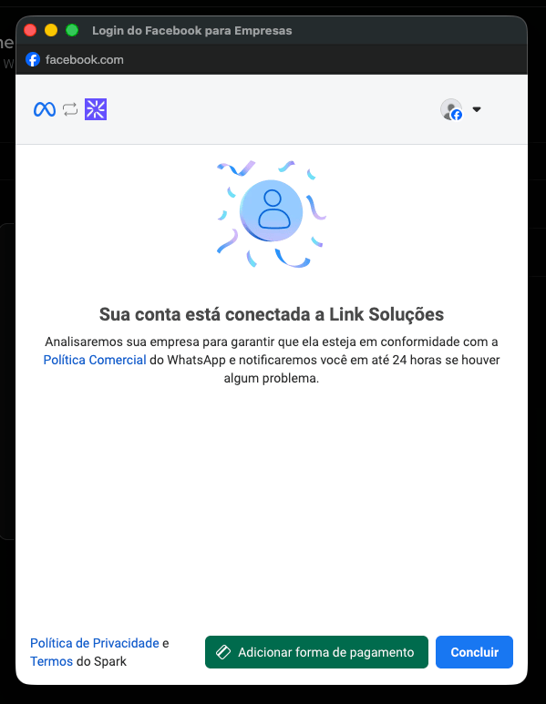 Última etapa do popup com opção de concluir a conexão