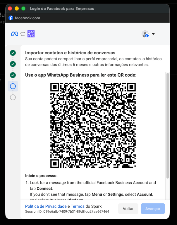 Popup da Meta com QR Code para confirmar o telefone