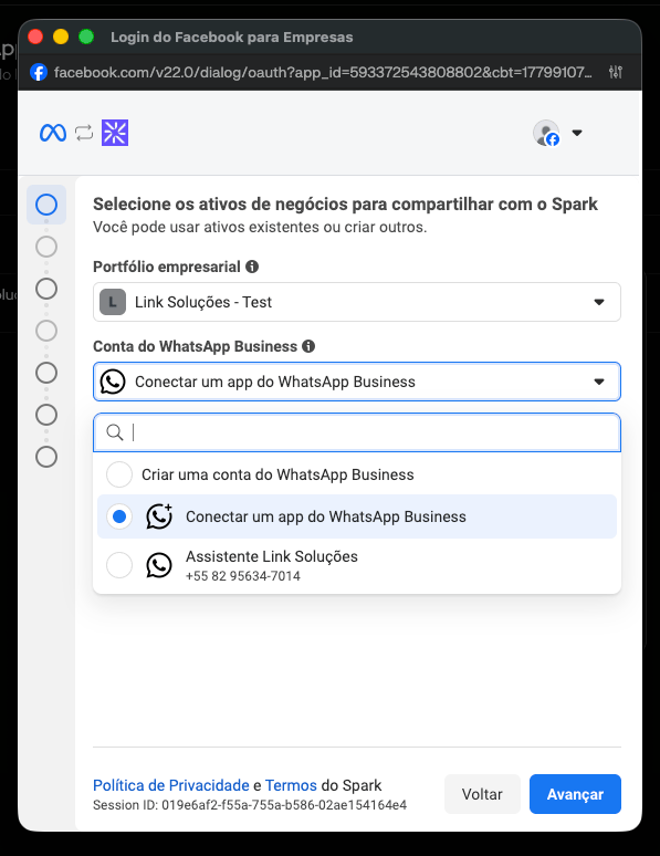 Popup da Meta com seleção de portfólio e conta do WhatsApp Business