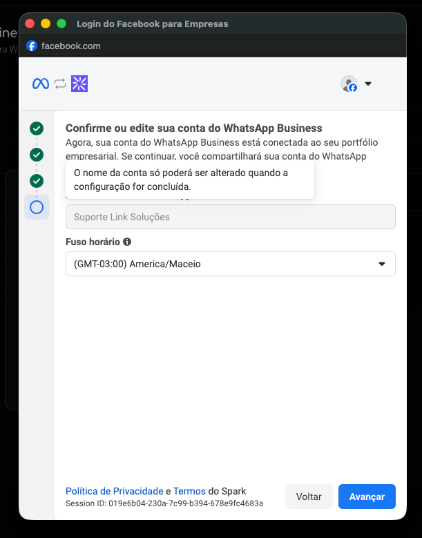 Popup da Meta solicitando configuração de fuso horário