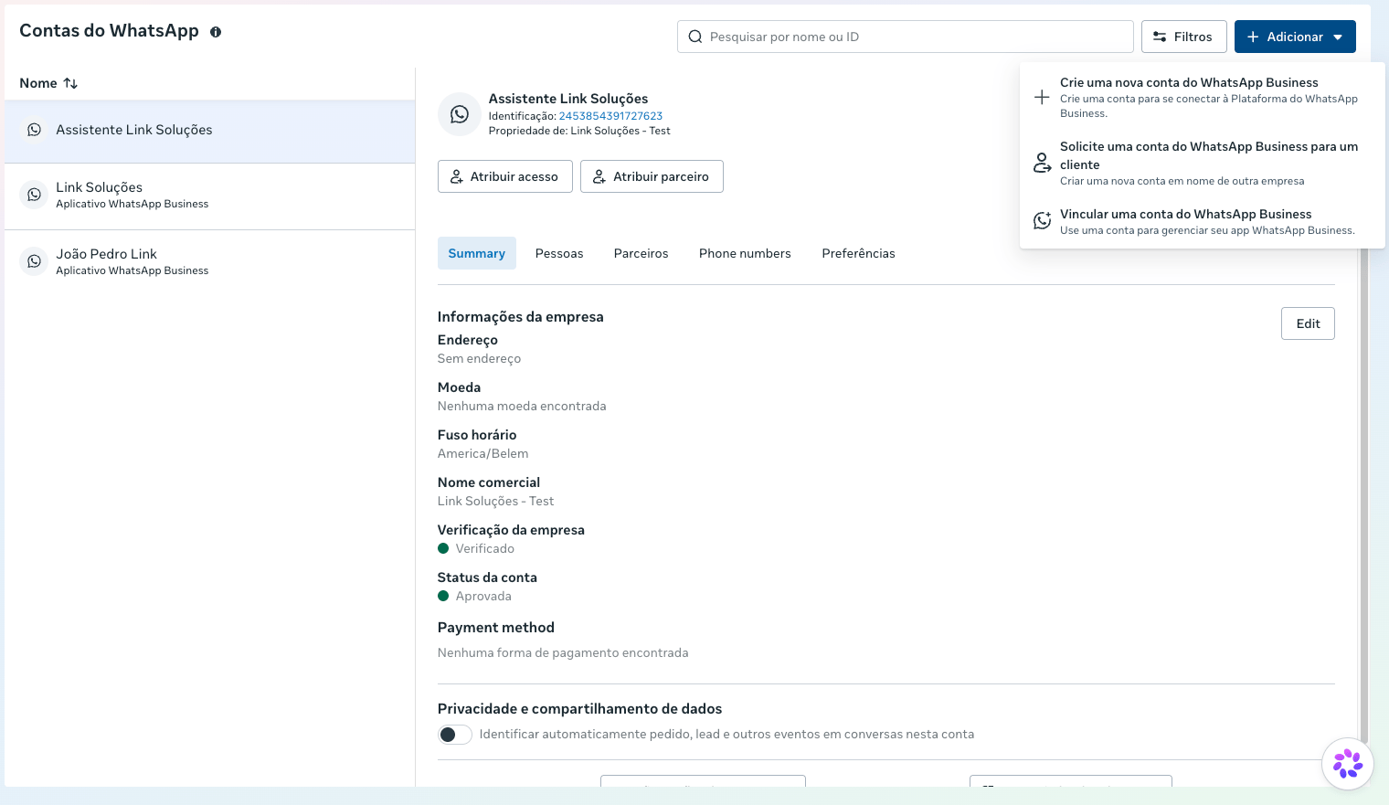 Menu exibido após clicar em Adicionar, na página de contas do WhatsApp