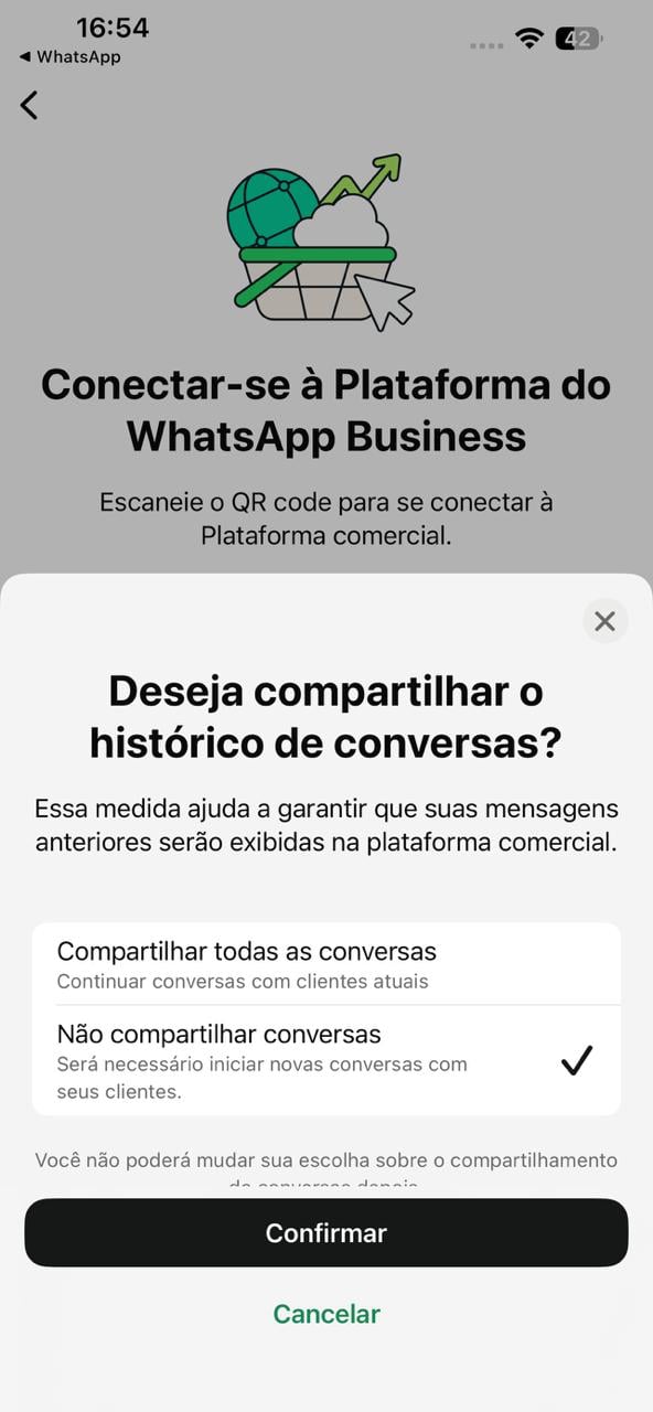 Opções de compartilhamento do histórico de conversas no WhatsApp Business