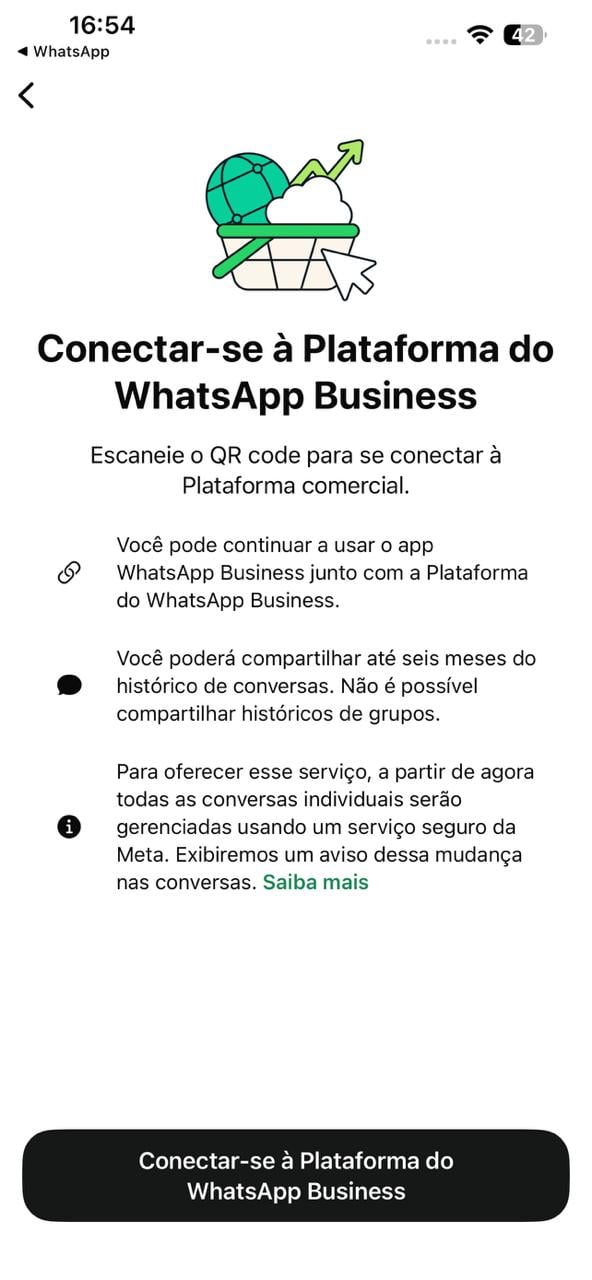 Tela que abre ao tocar em Conectar na mensagem da Meta