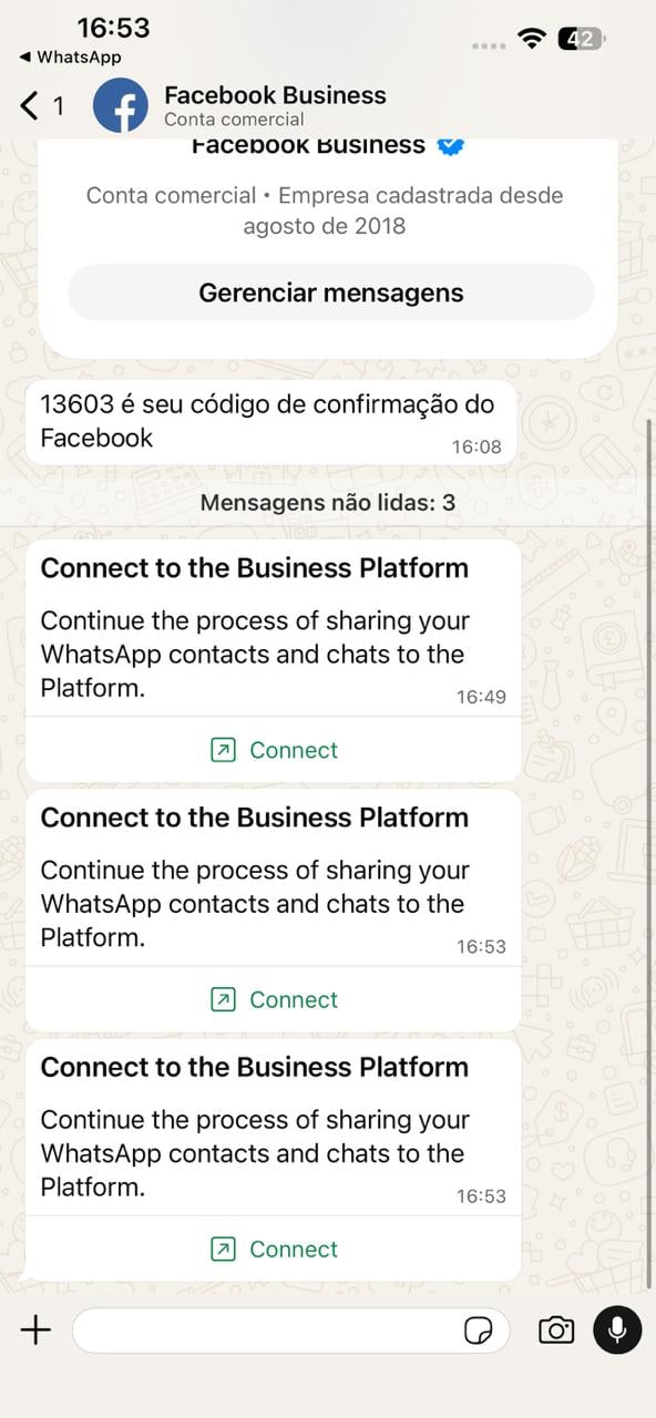Mensagem da Meta no WhatsApp com link para confirmar a vinculação
