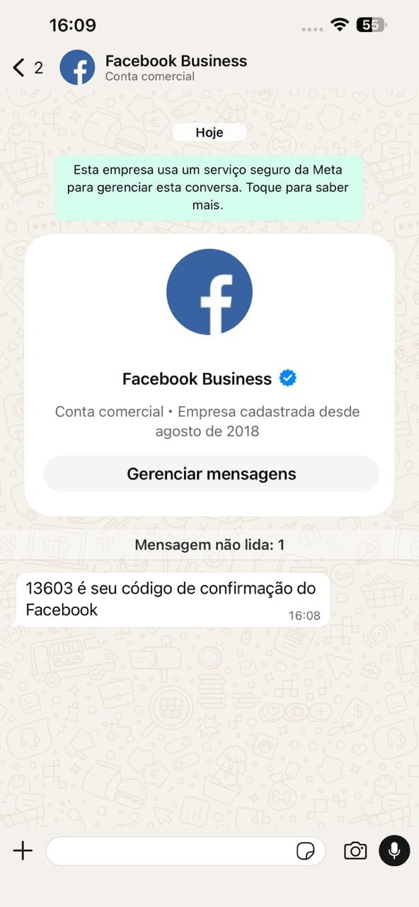 Mensagem do Facebook Business no WhatsApp com o código de verificação