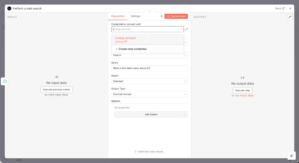 Connect Linkup credentials in n8n