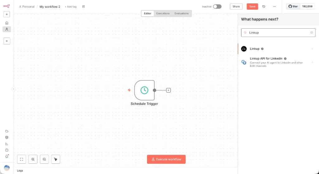 Search for the Linkup node in n8n