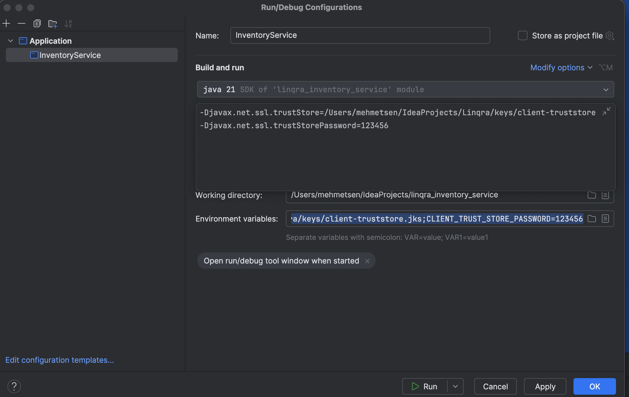 Inventory Service VM Options Configuration