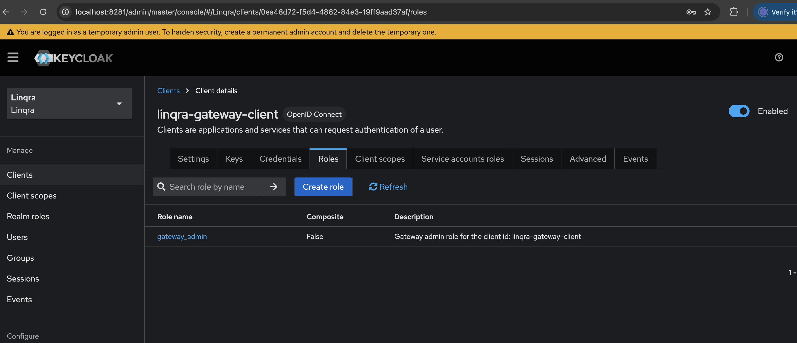 Creating gateway_admin client role