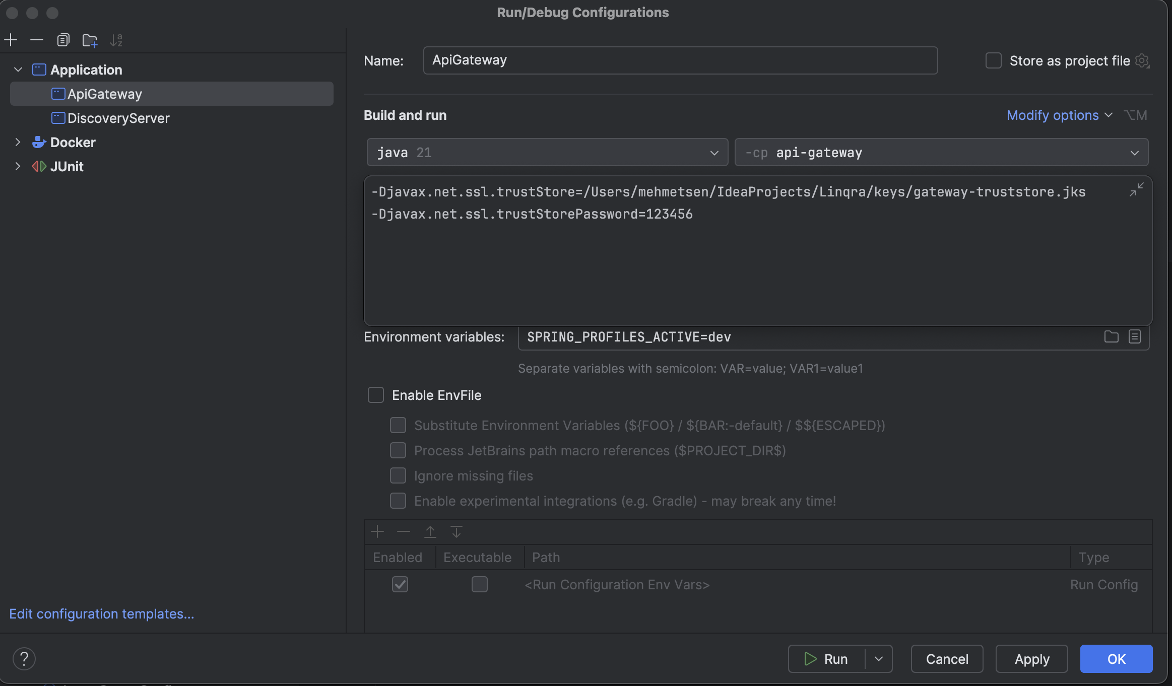 IntelliJ IDEA API Gateway Environment Variables Configuration