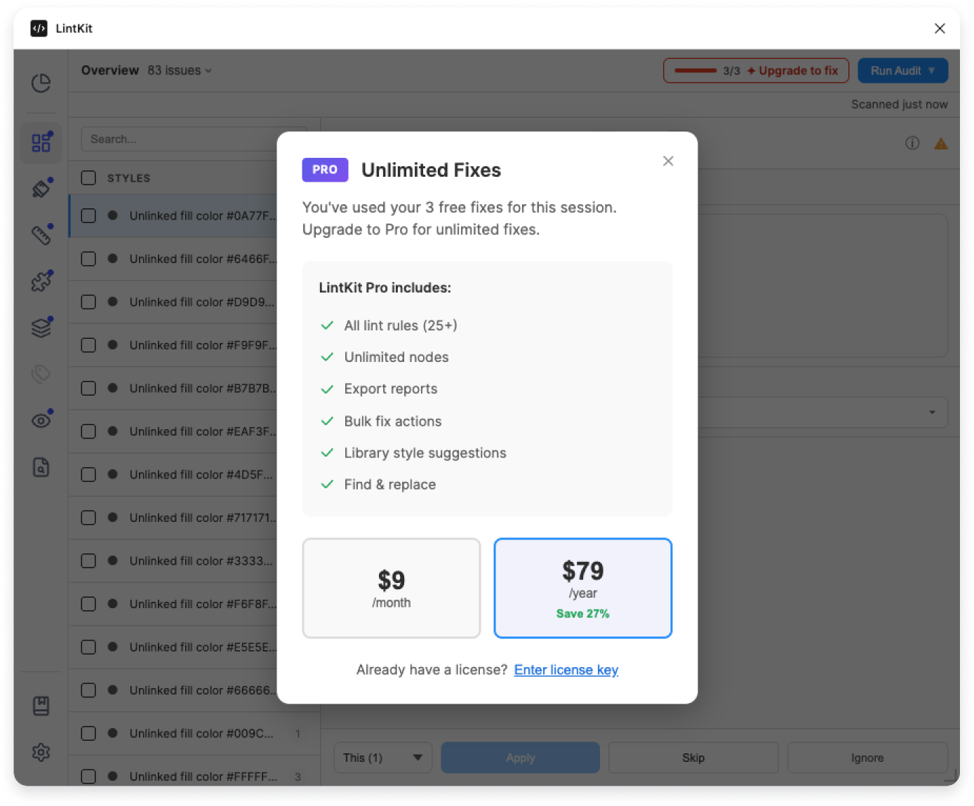 Upgrade prompt showing the free fix limit has been reached