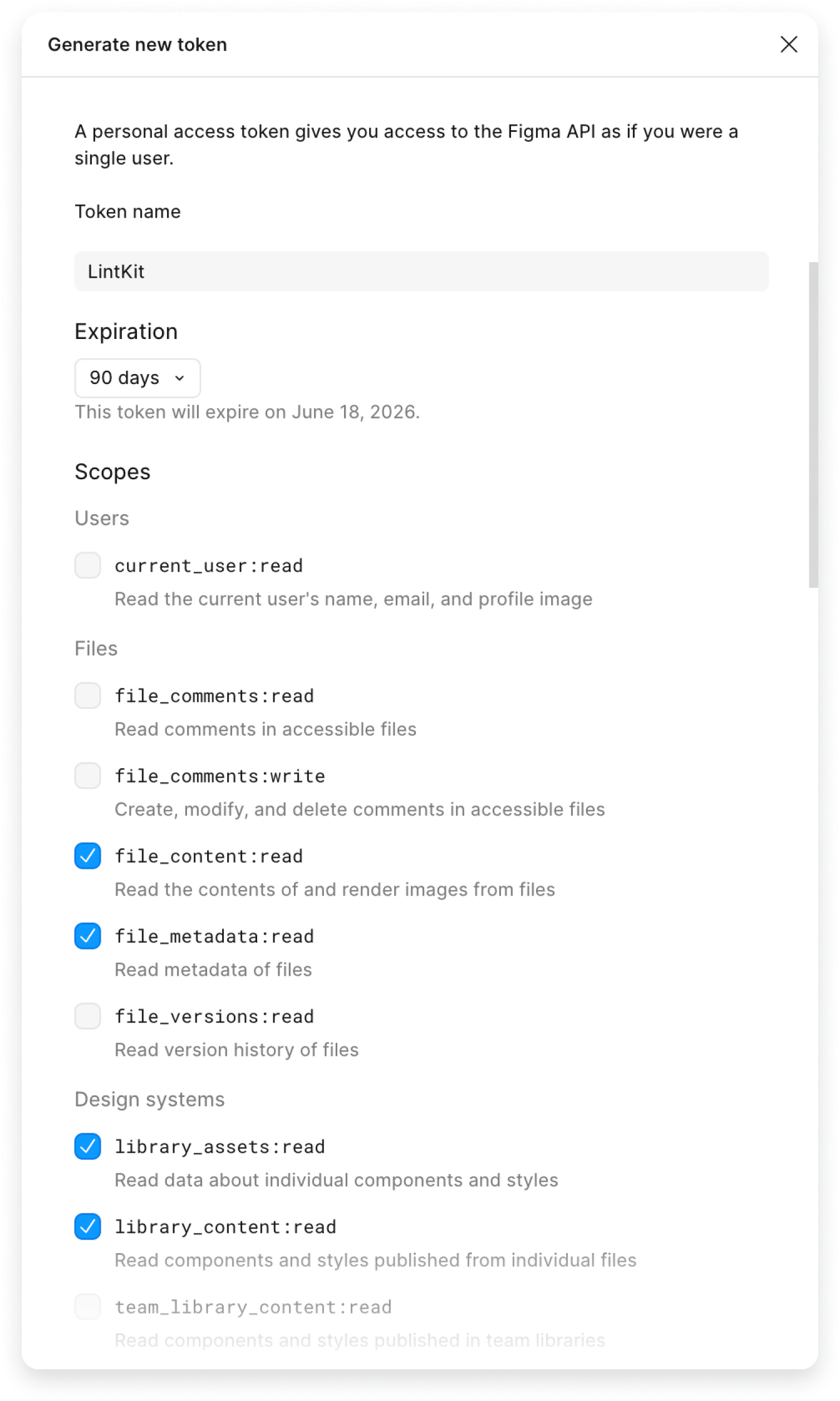 Figma Generate New Token screen with the four required scopes checked: File content read, File metadata read, Library content read, and Library assets read