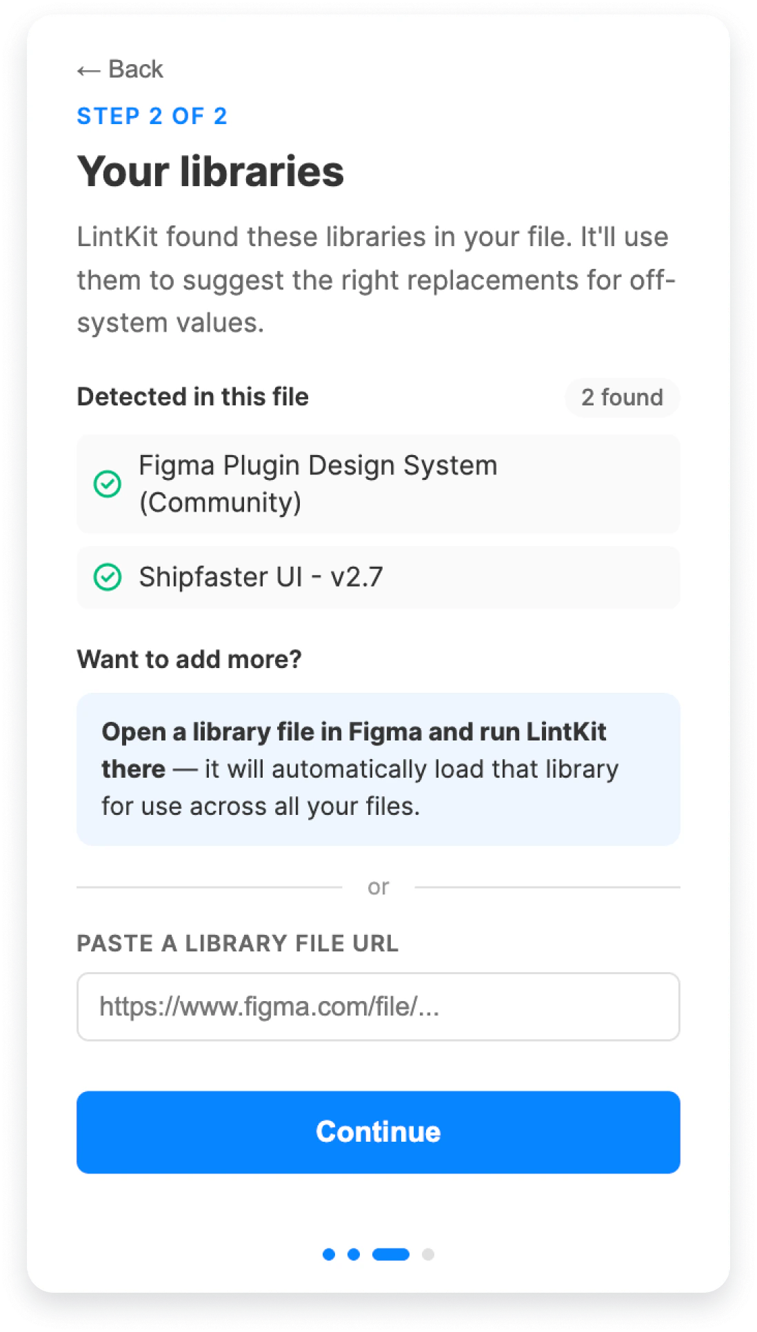 Library detection screen showing auto-detected libraries with names and style counts, a tip about opening library files, and an optional URL input for external libraries