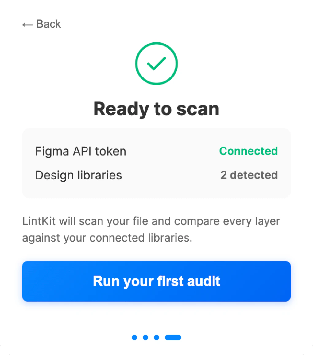 Setup summary screen showing token connection status, detected library count, and a Run Your First Audit button