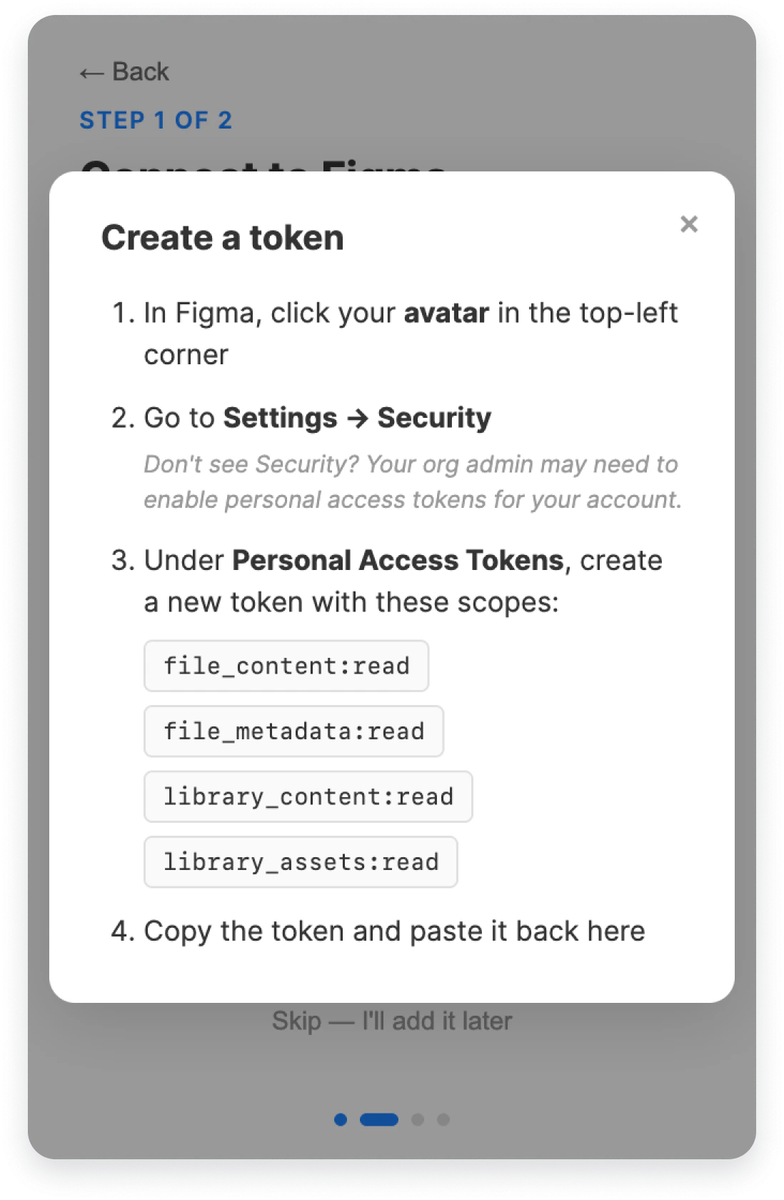 LintKit popover showing step-by-step instructions for creating a Figma Personal Access Token with the four required scopes listed