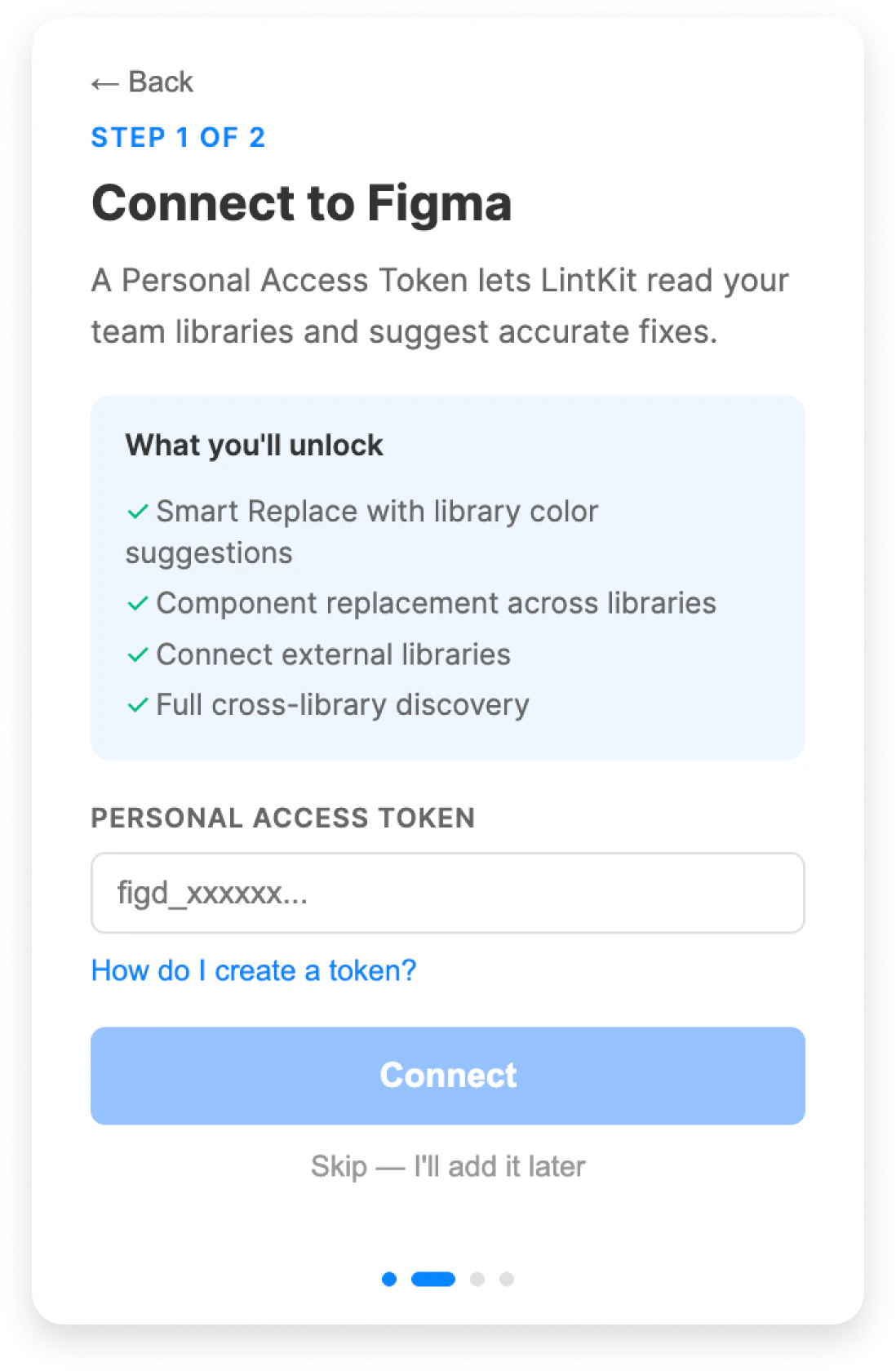 Token setup screen showing benefits of connecting, a Personal Access Token input field, a help link, and a skip option