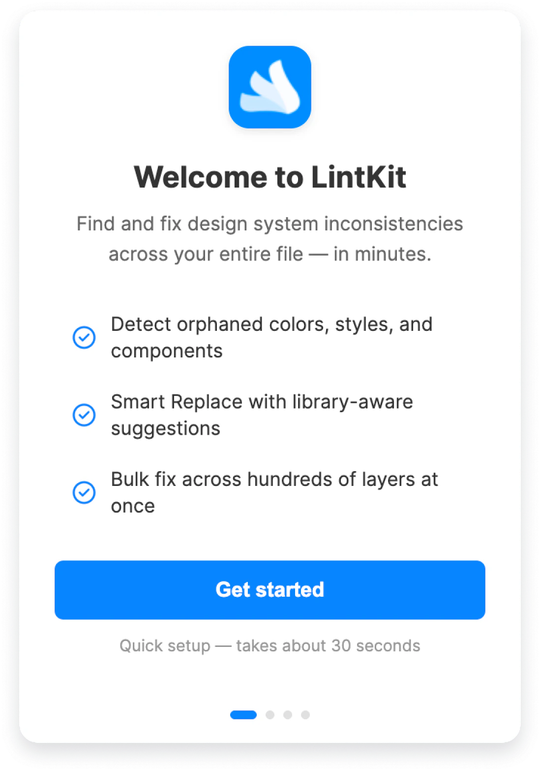 LintKit welcome screen showing the logo, tagline, three feature highlights, and a Get Started button
