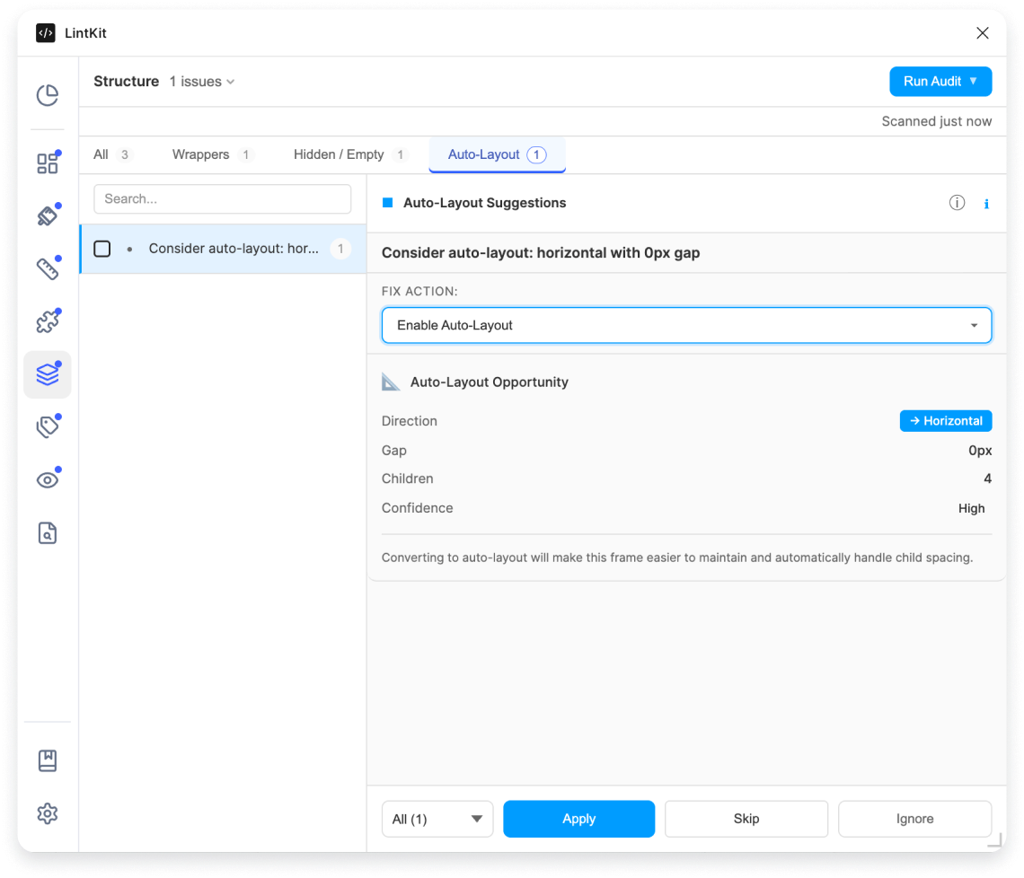 Auto-layout suggestion finding showing a frame with aligned children and a conversion suggestion