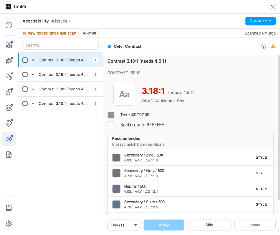 Contrast finding showing text color, background color, contrast ratio, and WCAG level