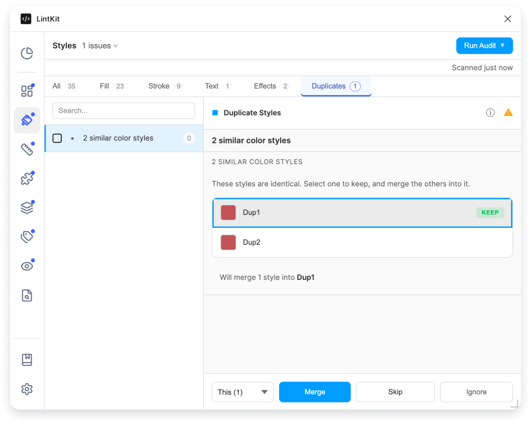 Duplicate styles finding showing two near-identical color swatches with Delta E distance