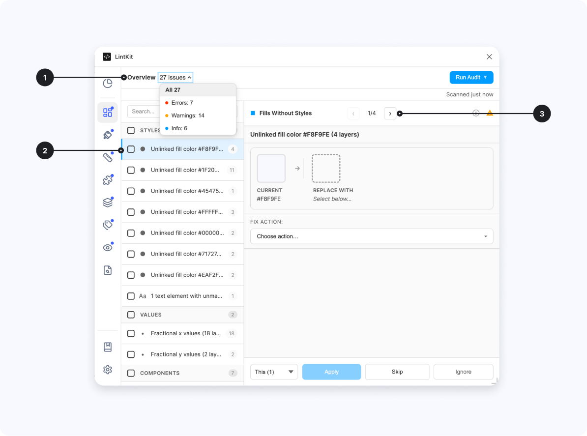LintKit scan results showing findings grouped by rule with severity badges