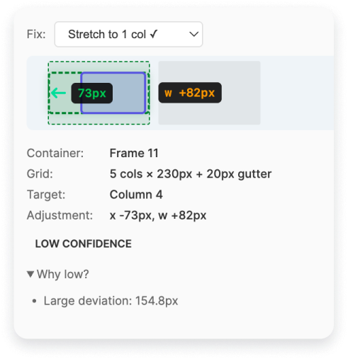 Three findings showing different fix confidence levels: auto-fixable, review suggested, and manual fix