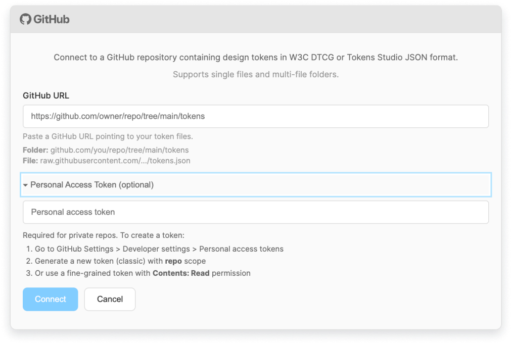 GitHub integration panel expanded after clicking connect, showing repository, branch, and token file path fields