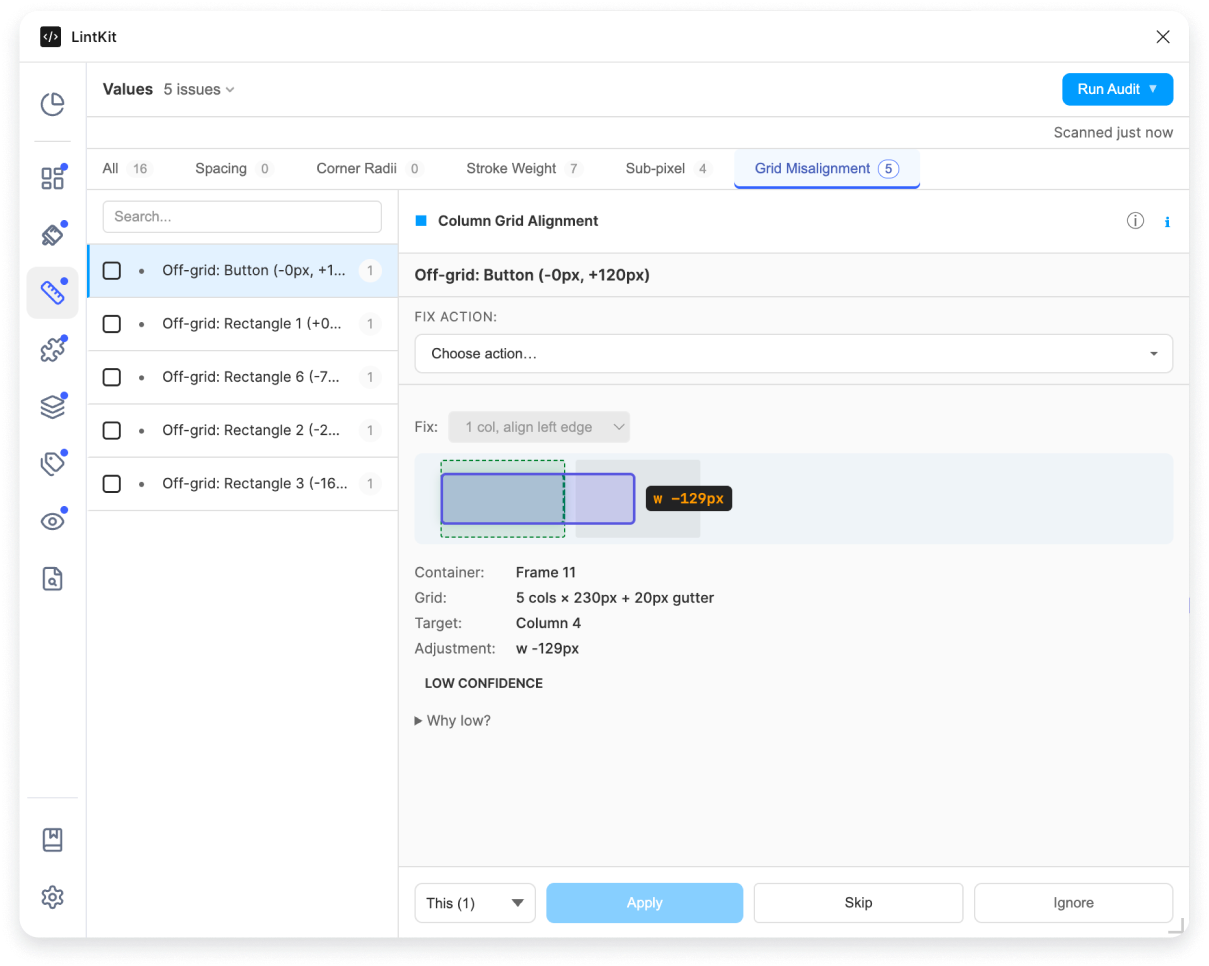 Grid alignment finding showing a misaligned element against a column grid