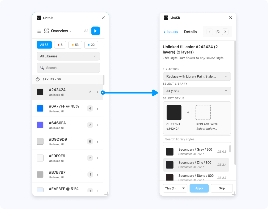 LintKit in compact view showing the findings list and inspector panel side by side