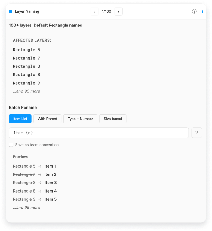 Naming finding showing default layer names with different severity tiers based on hierarchy depth