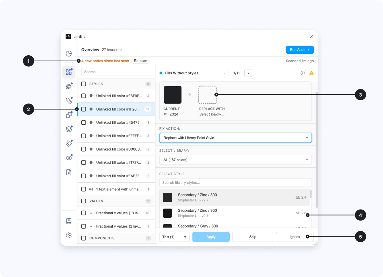 Orphaned fill finding in the inspector showing color match suggestions and fix options
