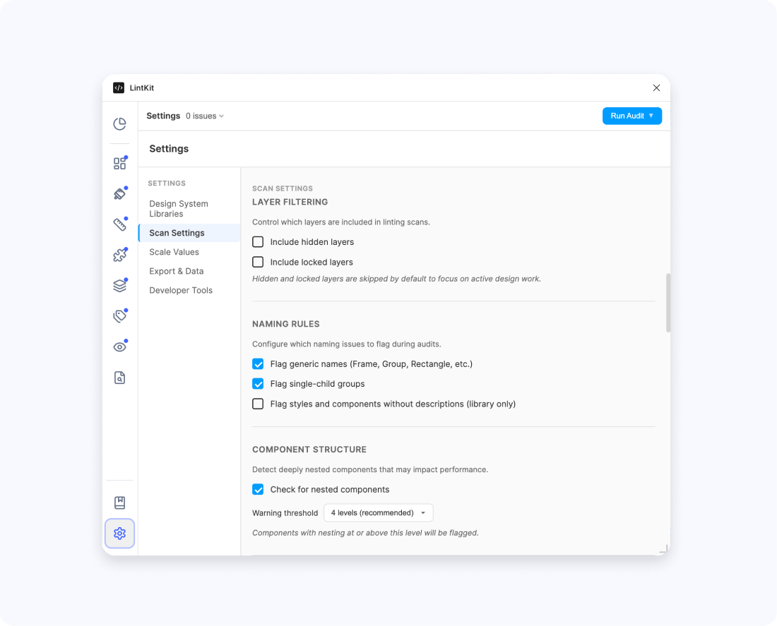 LintKit settings panel showing rule toggles, threshold inputs, and integration options