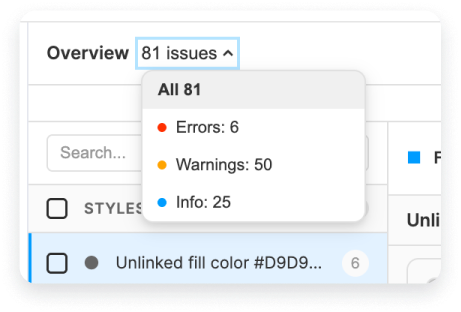 Three findings showing error (red), warning (yellow), and info (blue) severity badges