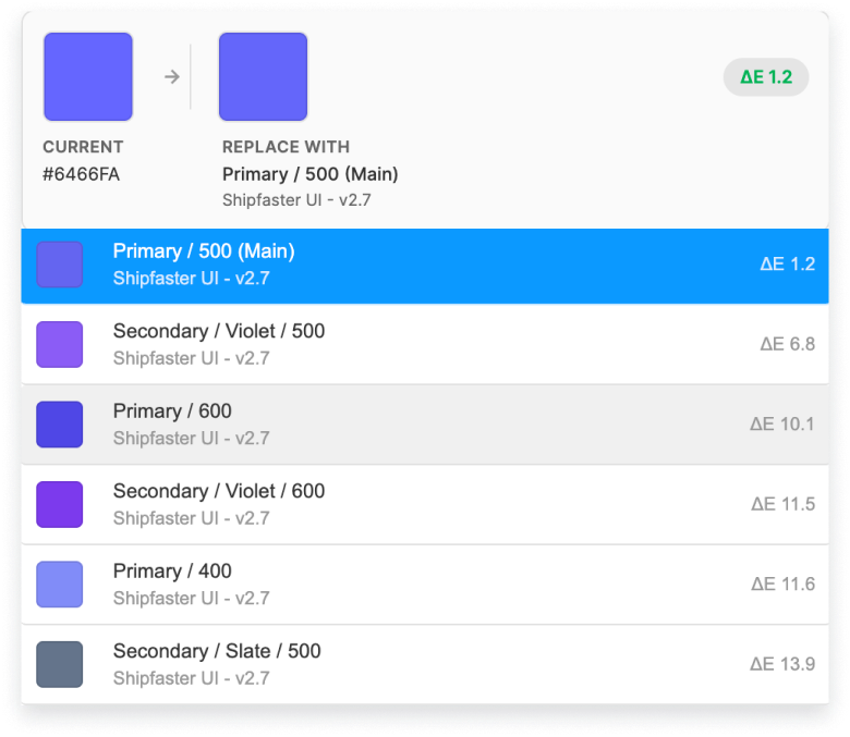 Smart Replace showing two color swatches side by side with Delta E distance and confidence tier
