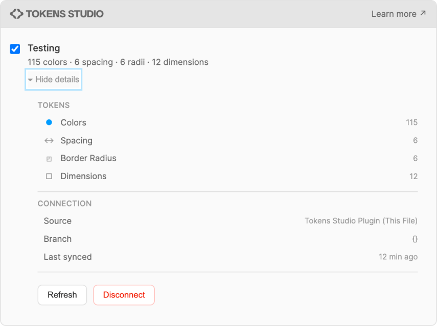 Tokens Studio integration panel after connecting, showing project details and token counts