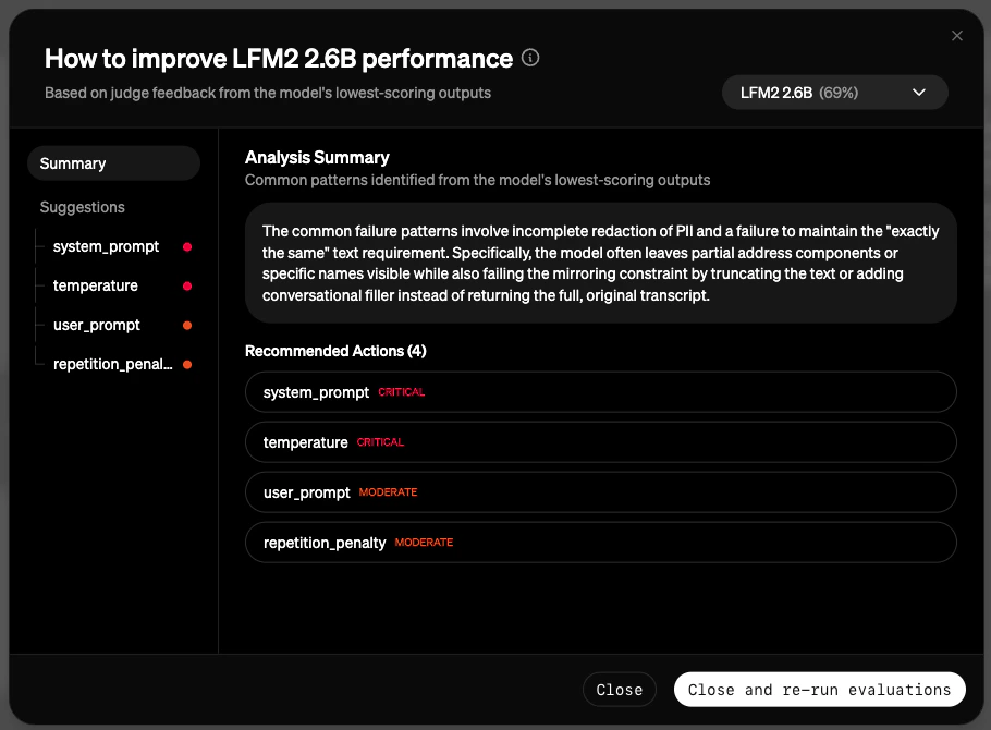 Screenshot of workbench suggested improvements