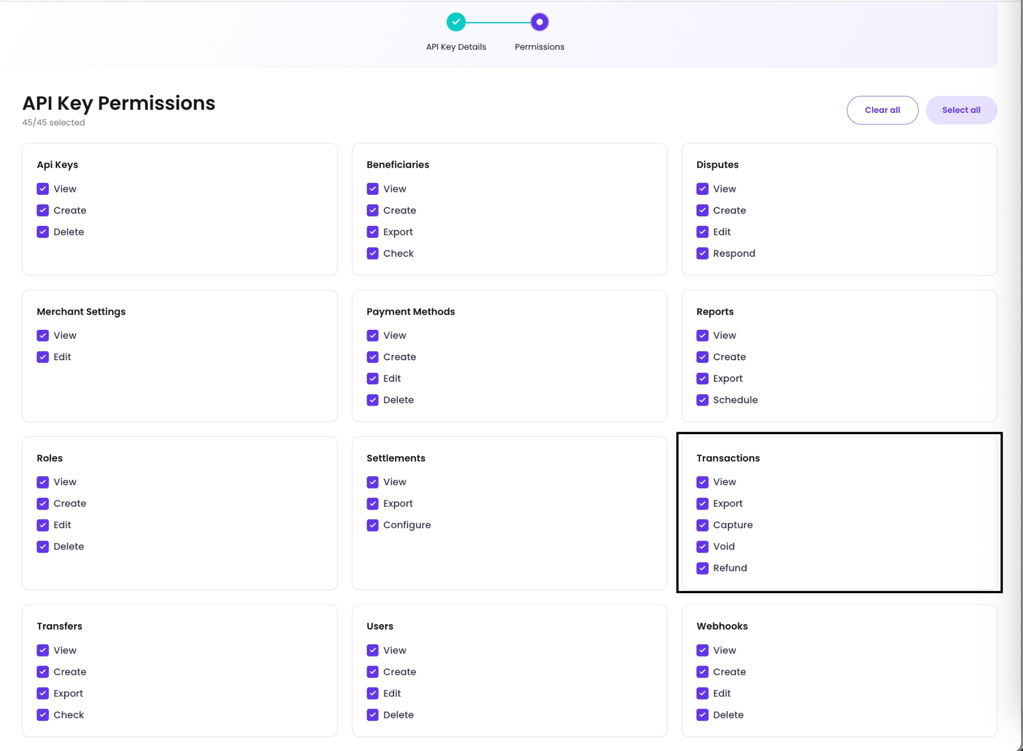 Select permissions for the test API key