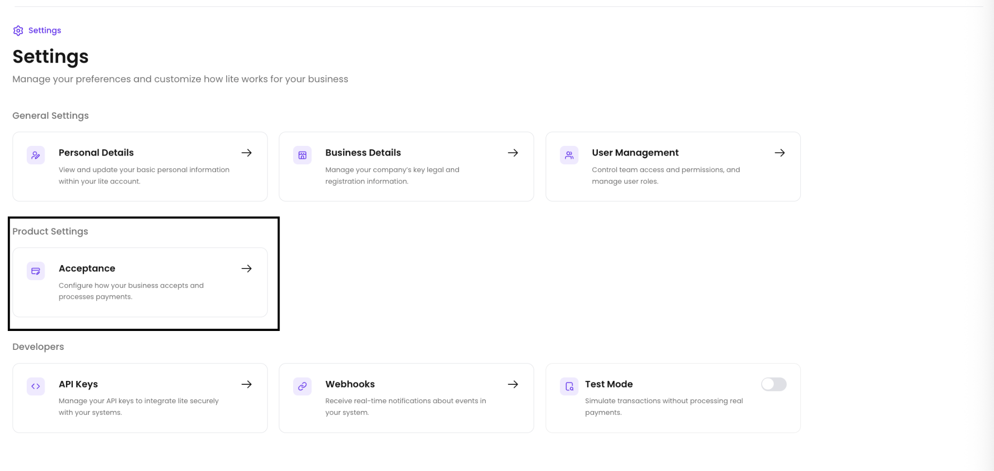 Open Acceptance settings