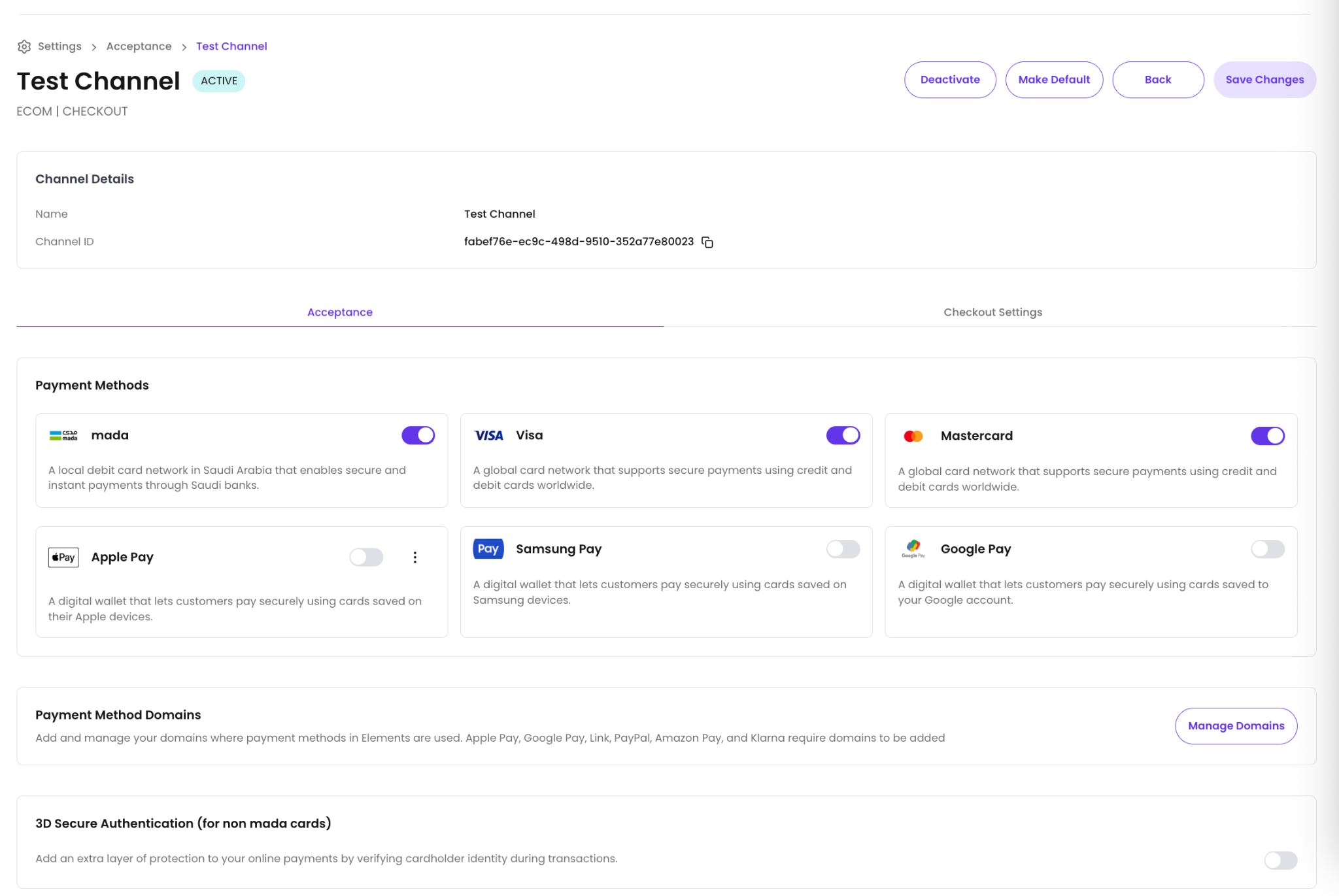 Configure payment methods for the channel