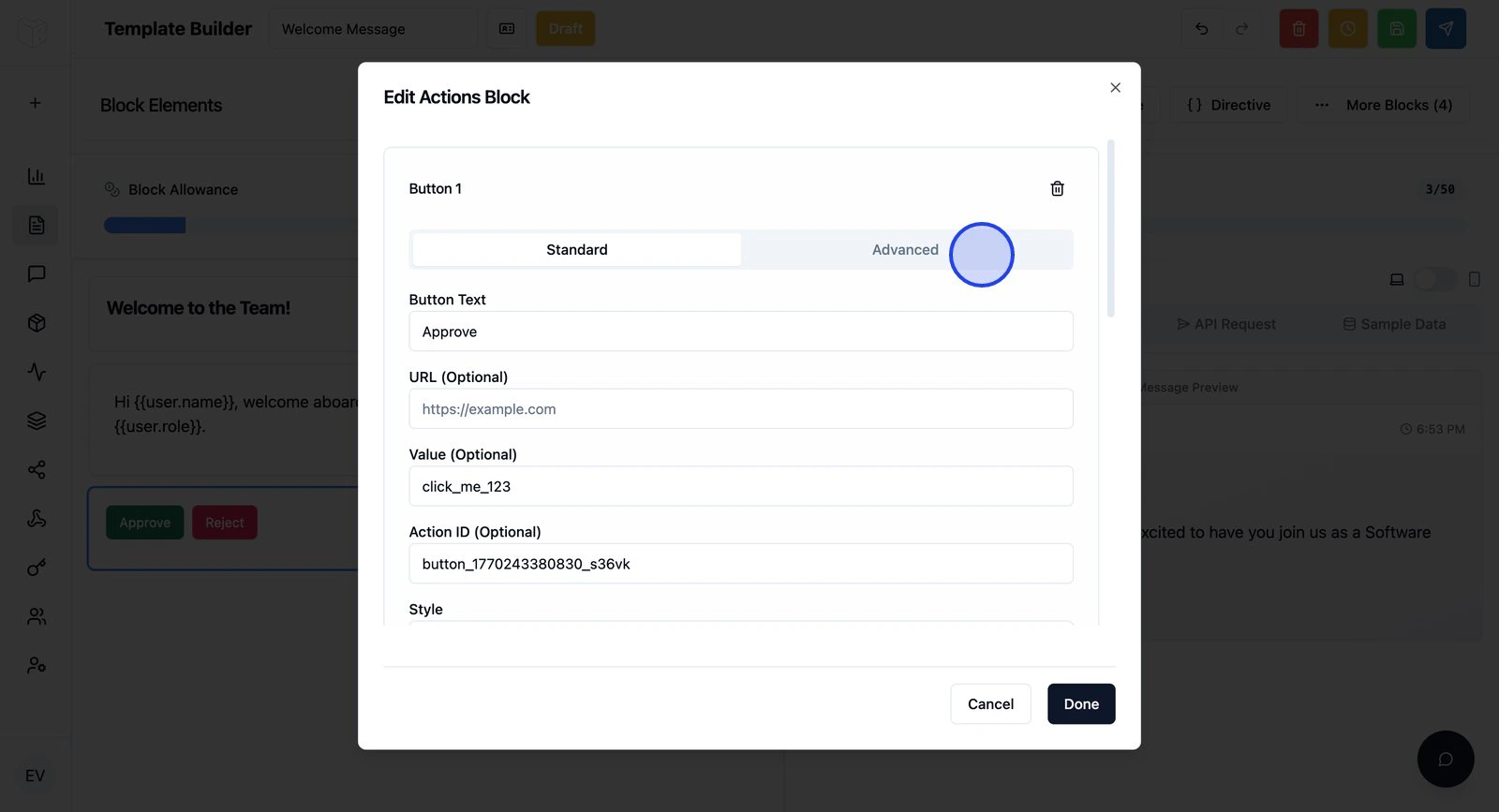 Button configuration panel