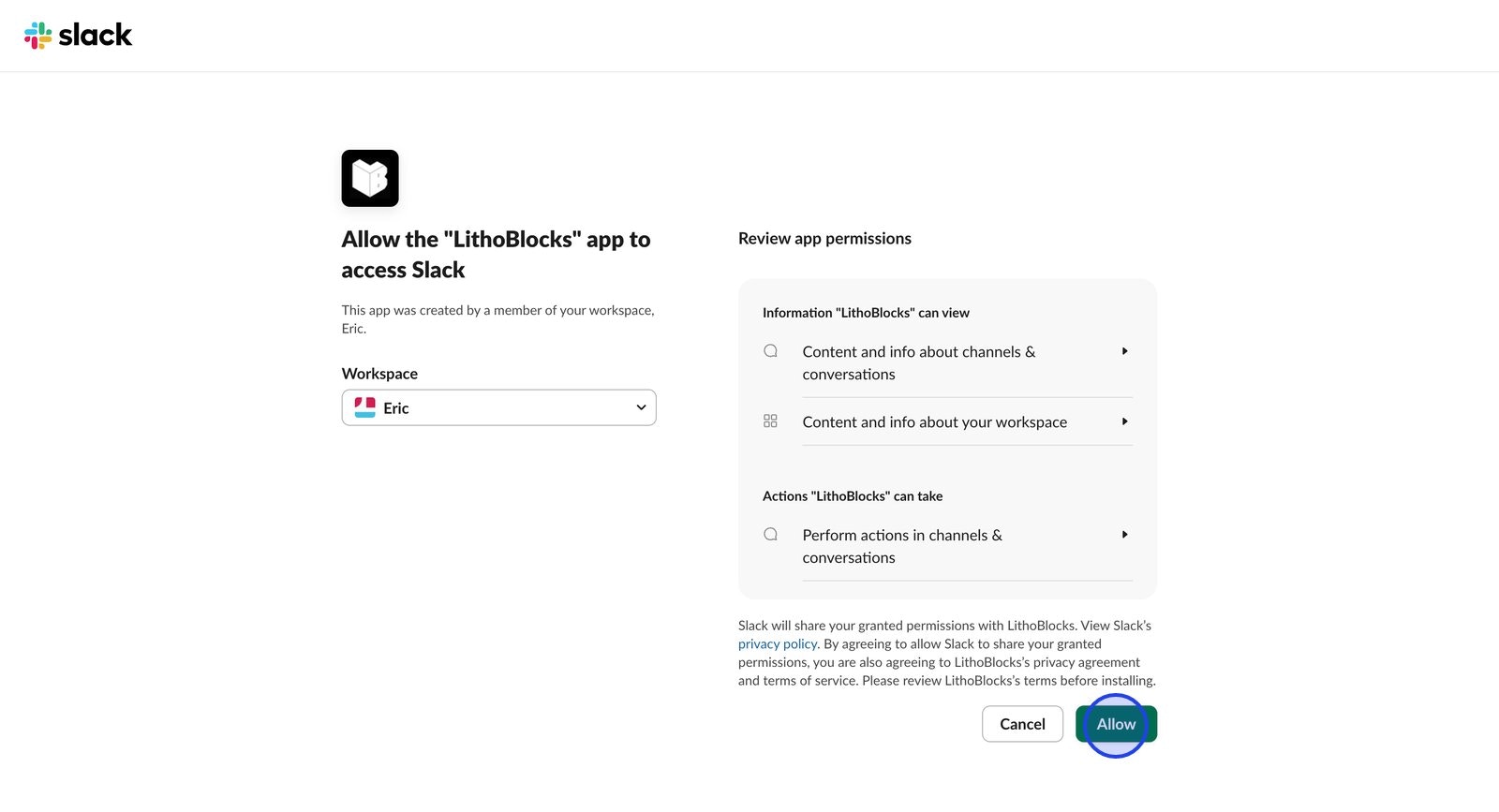 Slack authorization page