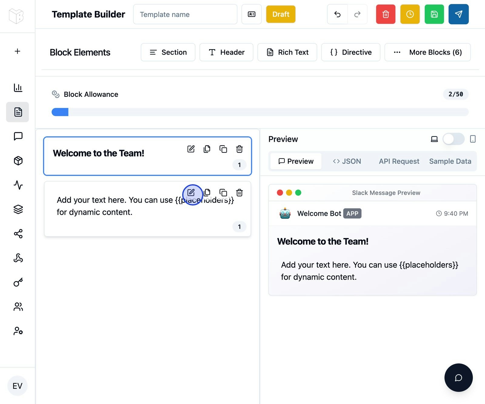 Section block with placeholders