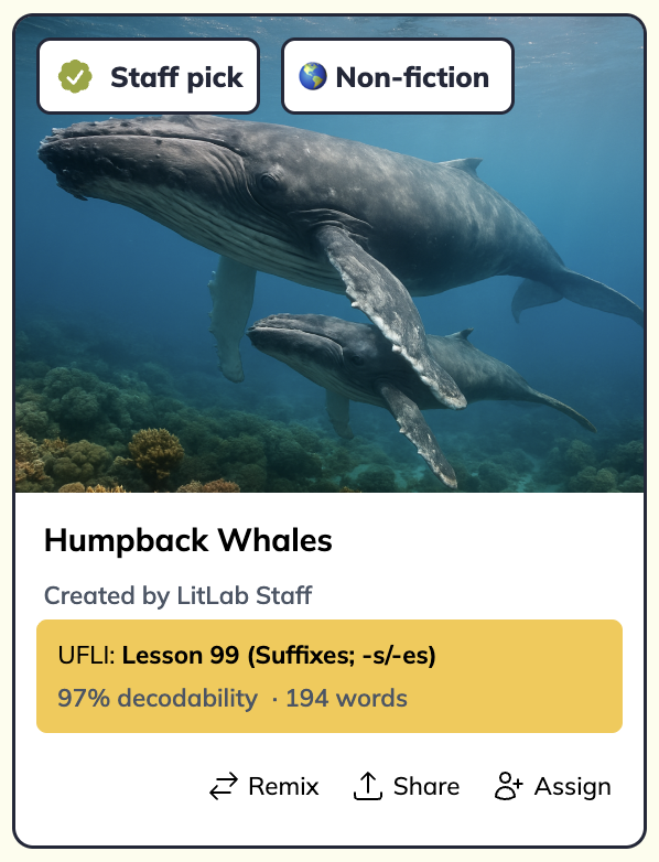 Nonfiction Grab-and-Go card for Humpback Whales, a staff pick aligned to UFLI Lesson 99 (Suffixes -s/-es) with a realistic photo of two whales